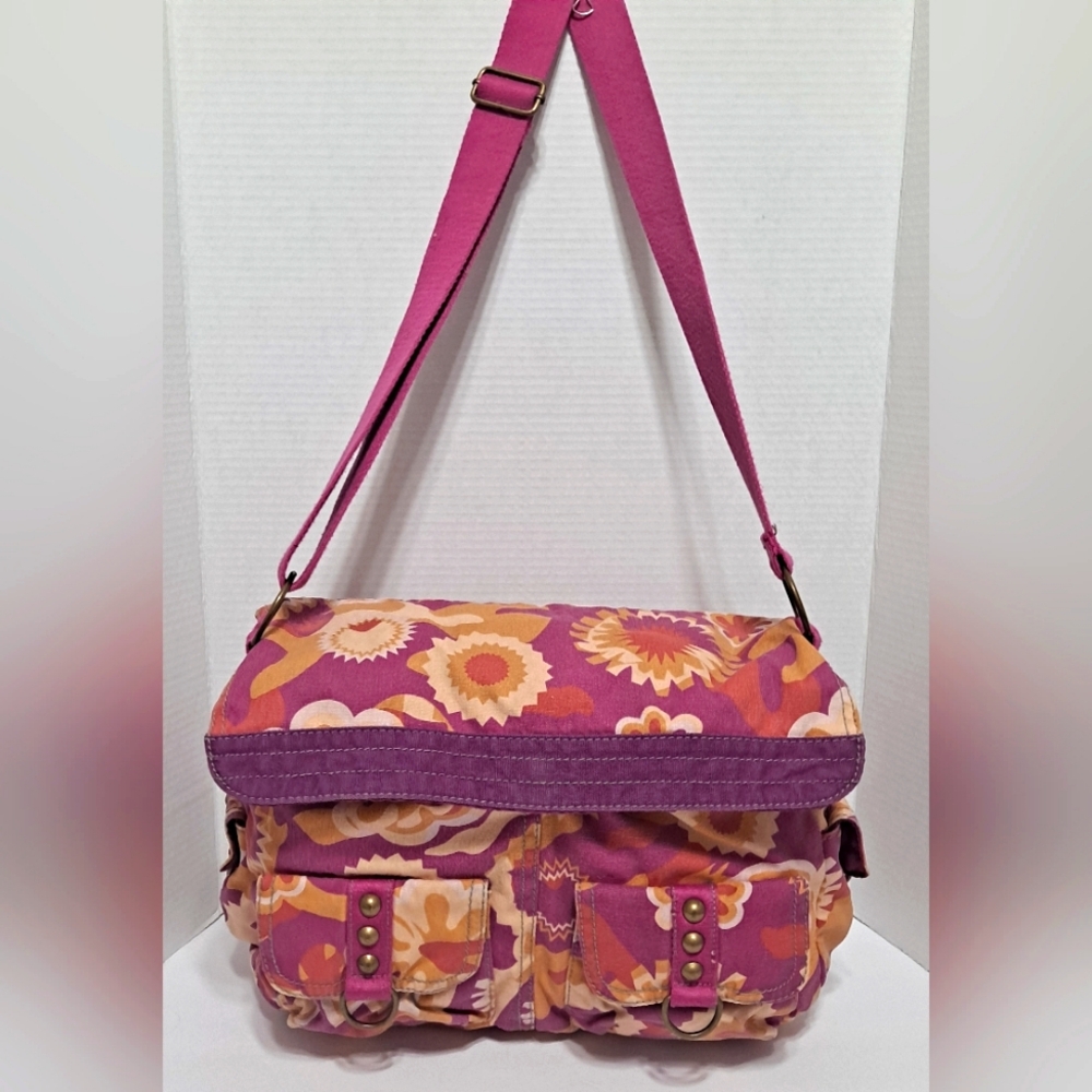 Arizona Jeans Hippie Style Floral Pink Canvas Shoulder Bag Tote Purse Pockets
